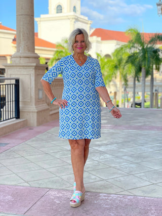 AQUA DIAMONDS ELBOW SLEEVE DRESS LULU-B