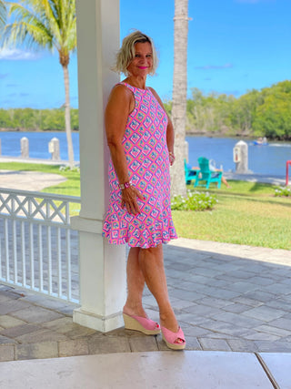 PALM TREE SIESTA HALTER RUFFLE DRESS LULU-B