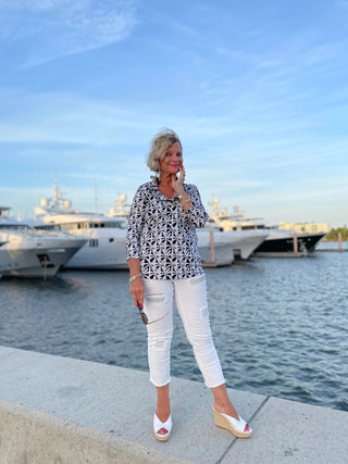 BLACK AND BEIGE 3/25 RUFFLE TOP - Cathys Place