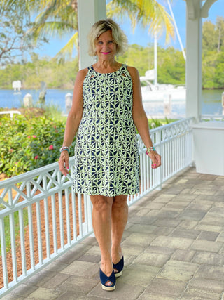 GREEN AND NAVY PALM HALTER DRESS - Cathys Place