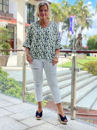 GREEN AND NAVY PALM BELL SLEEVE - Cathys Place