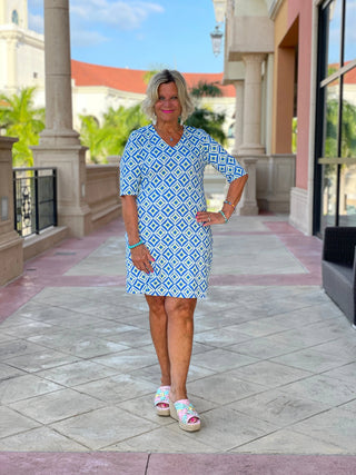 AQUA DIAMONDS ELBOW SLEEVE DRESS LULU-B