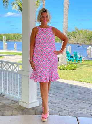 PALM TREE SIESTA HALTER RUFFLE DRESS LULU-B