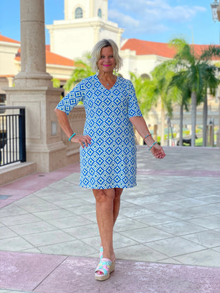 AQUA DIAMONDS ELBOW SLEEVE DRESS LULU-B