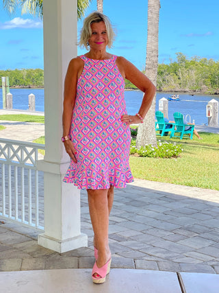 PALM TREE SIESTA HALTER RUFFLE DRESS LULU-B