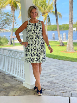 GREEN AND NAVY PALM HALTER DRESS - Cathys Place