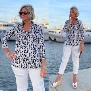 BLACK AND BEIGE 3/25 RUFFLE TOP - Cathys Place