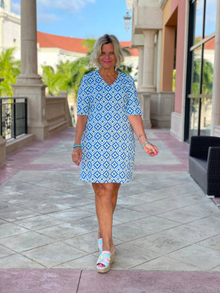 AQUA DIAMONDS ELBOW SLEEVE DRESS LULU-B