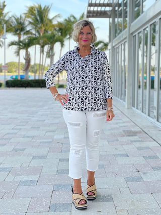 BLACK AND BEIGE 3/25 RUFFLE TOP - Cathys Place