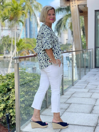 GREEN AND NAVY PALM BELL SLEEVE - Cathys Place
