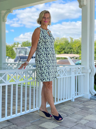 GREEN NAVY PALM KEYHOLE DRESS - Cathys Place
