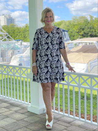 NAUTICAL LANE ELBOW SLEEVE DRESS - Cathys Place