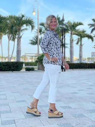 BLACK AND BEIGE 3/25 RUFFLE TOP - Cathys Place