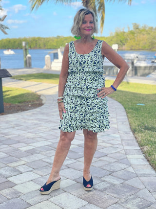 GREEN AND NAVY PALM LAYERED RUFFLE DRESS - Cathys Place
