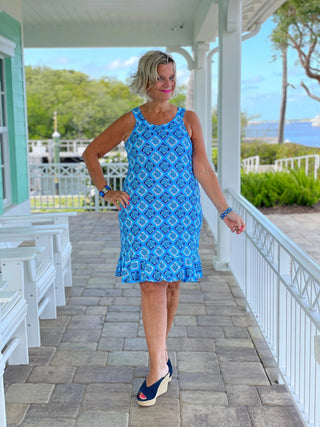 BAHAMA BLUE TURTLE HALTER  RUFFLE DRESS LULU-B