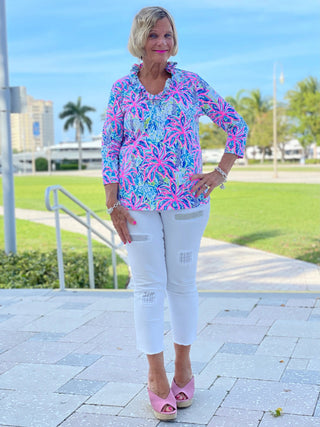 PINK PALM TREE 3/25 RUFFLE TOP - Cathys Place