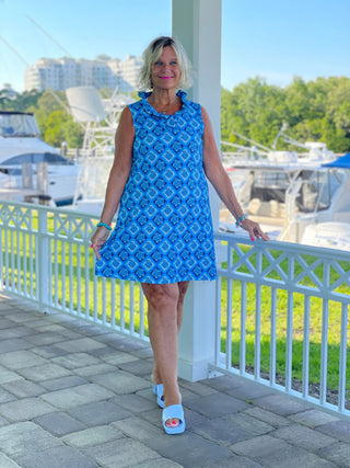 BAHAMA BLUE TURTLE RUFFLE DRESS LULU-B