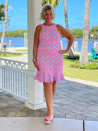 PALM TREE SIESTA HALTER RUFFLE DRESS LULU-B