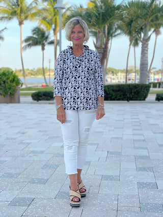 BLACK AND BEIGE 3/25 RUFFLE TOP - Cathys Place