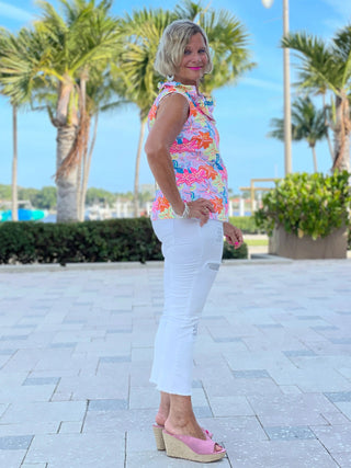 PALM BEACH GARDEN SLEEVELESS RUFFLE TOP - Cathys Place