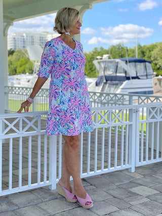 PINK PALM TREE ELBOW SLEEVE DRESS - Cathys Place