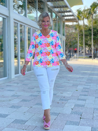 PALM BEACH FLOWER V NECK TOP - Cathys Place