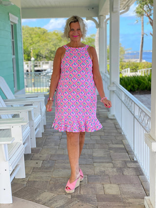 PALM TREE SIESTA HALTER RUFFLE DRESS LULU-B