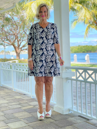 NAUTICAL LANE ELBOW SLEEVE DRESS - Cathys Place