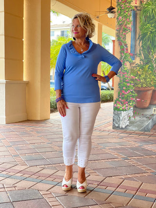 PERRIWINKLE 3/25 SLEEVE RUFFLE TOP LULU-B