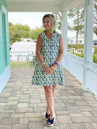 GREEN AND NAVY SLEEVELESS RUFFLE DRESS - Cathys Place
