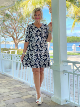 NAUTICAL LANE ELBOW SLEEVE DRESS - Cathys Place