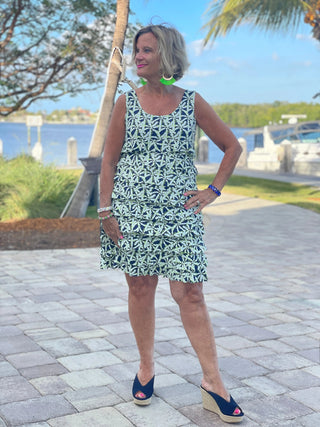 GREEN AND NAVY PALM LAYERED RUFFLE DRESS - Cathys Place