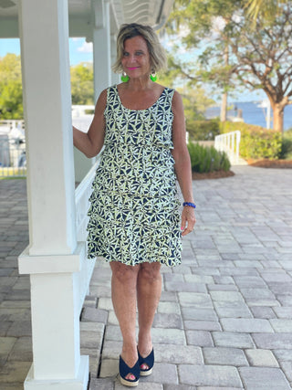 GREEN AND NAVY PALM LAYERED RUFFLE DRESS - Cathys Place