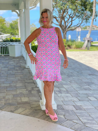 PALM TREE SIESTA HALTER RUFFLE DRESS LULU-B