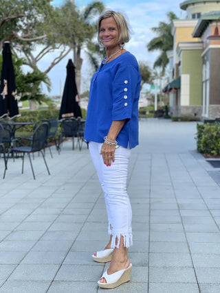 BLUE WAFFLE 3 BUTTON TOP - Cathys Place