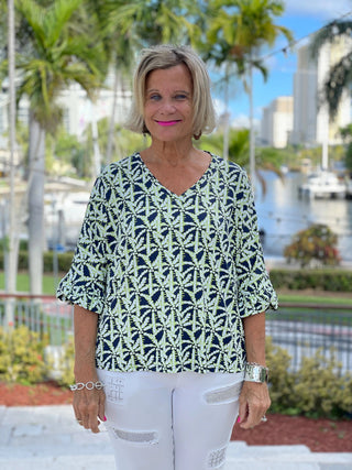 GREEN AND NAVY PALM BELL SLEEVE - Cathys Place