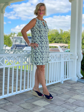 GREEN NAVY PALM KEYHOLE DRESS - Cathys Place