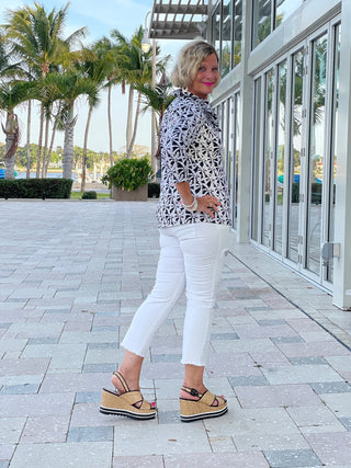 BLACK AND BEIGE 3/25 RUFFLE TOP - Cathys Place