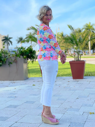 PALM BEACH FLOWER V NECK TOP - Cathys Place