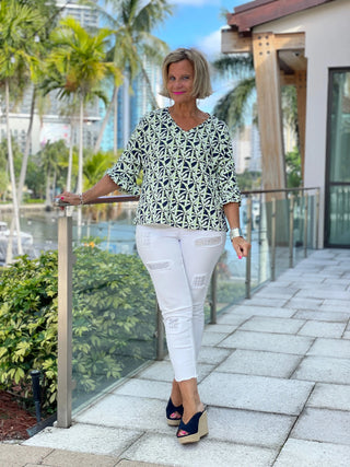 GREEN AND NAVY PALM BELL SLEEVE - Cathys Place