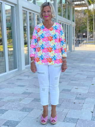 PALM BEACH FLOWER V NECK TOP - Cathys Place