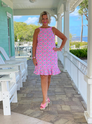 PALM TREE SIESTA HALTER RUFFLE DRESS LULU-B