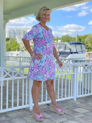 PINK PALM TREE ELBOW SLEEVE DRESS - Cathys Place