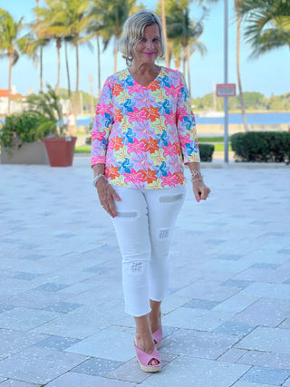 PALM BEACH FLOWER V NECK TOP - Cathys Place