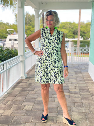 GREEN AND NAVY PALM COLLAR DRESS