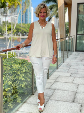 TAILORED STONE V- NECK TOP - Cathys Place