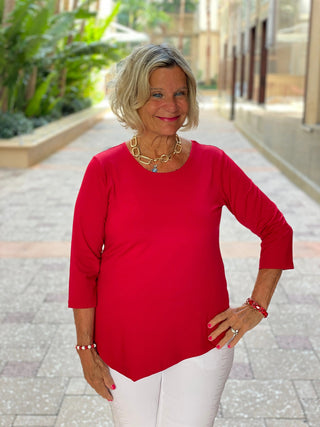 CRIMSON RED ASYMMETICAL TOP LULU-B