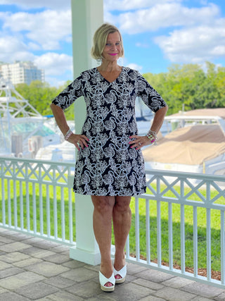 NAUTICAL LANE ELBOW SLEEVE DRESS - Cathys Place