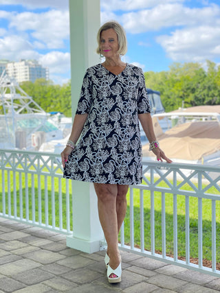 NAUTICAL LANE ELBOW SLEEVE DRESS - Cathys Place