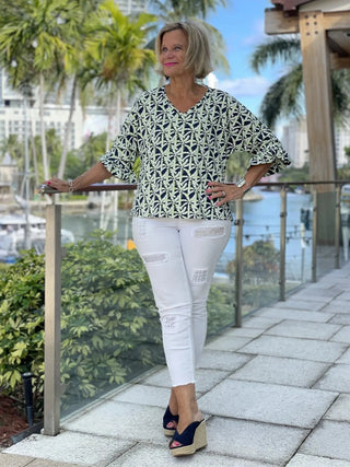 GREEN AND NAVY PALM BELL SLEEVE - Cathys Place